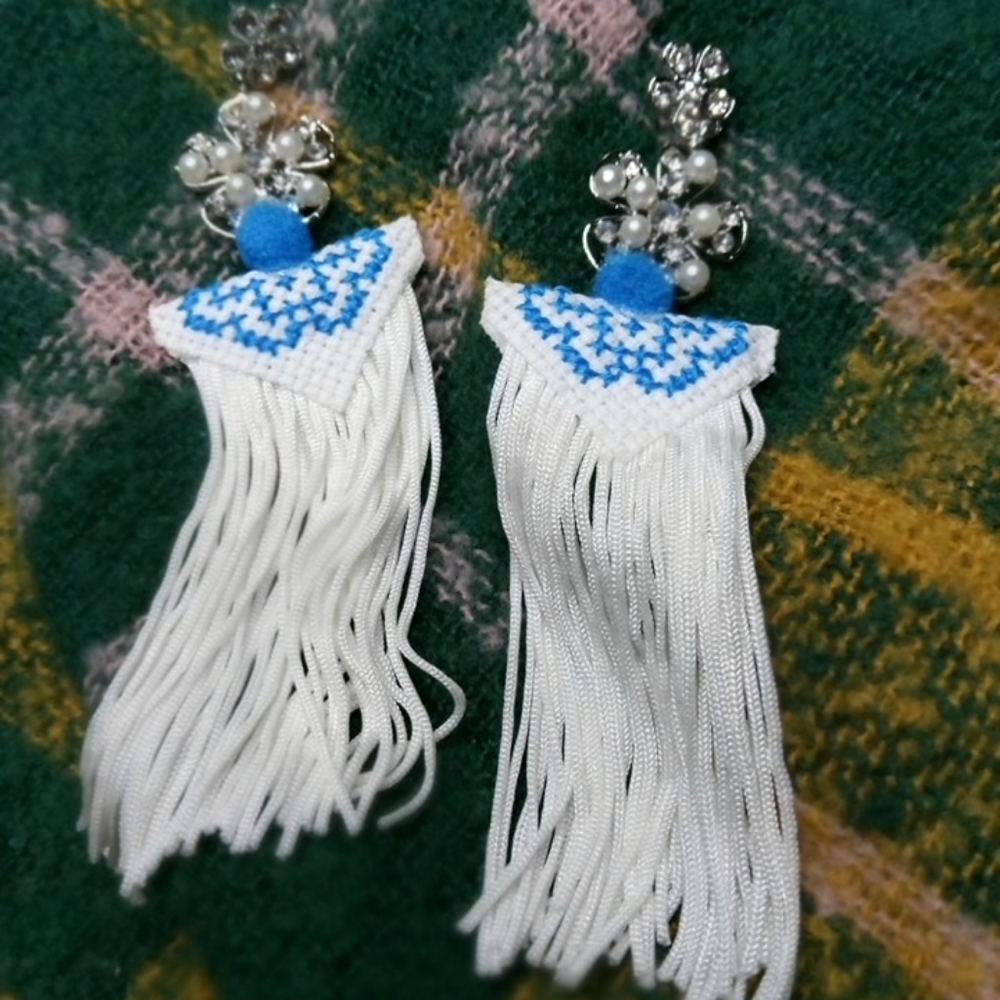 Blue embroidery with white tassel earrings